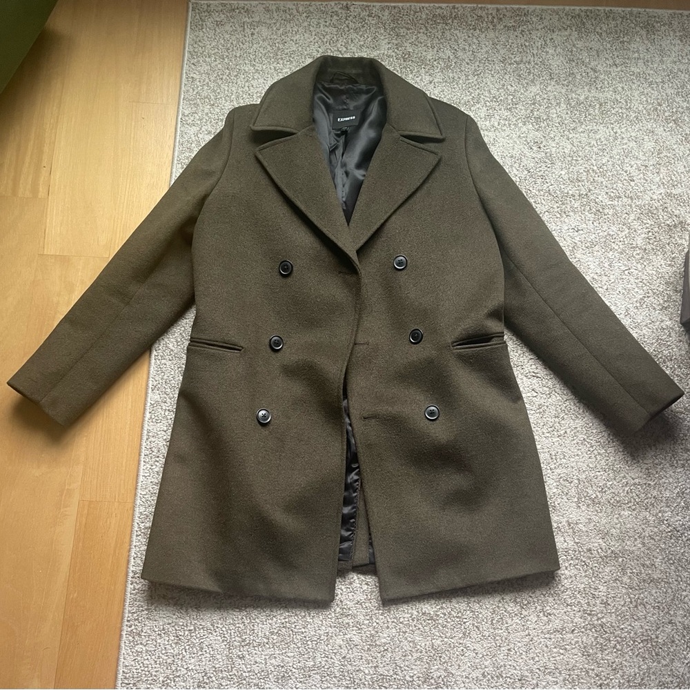 Express Men's Double-Breasted Peacoat in Olive Green